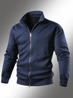 Navy Blue Diamond Texture Men'S Jacket, Minimalist Stand Collar Zip-Up Casual Sports Jacket, Spring And Autumn Top, Suitable for Daily Work Scenes - Navy Color