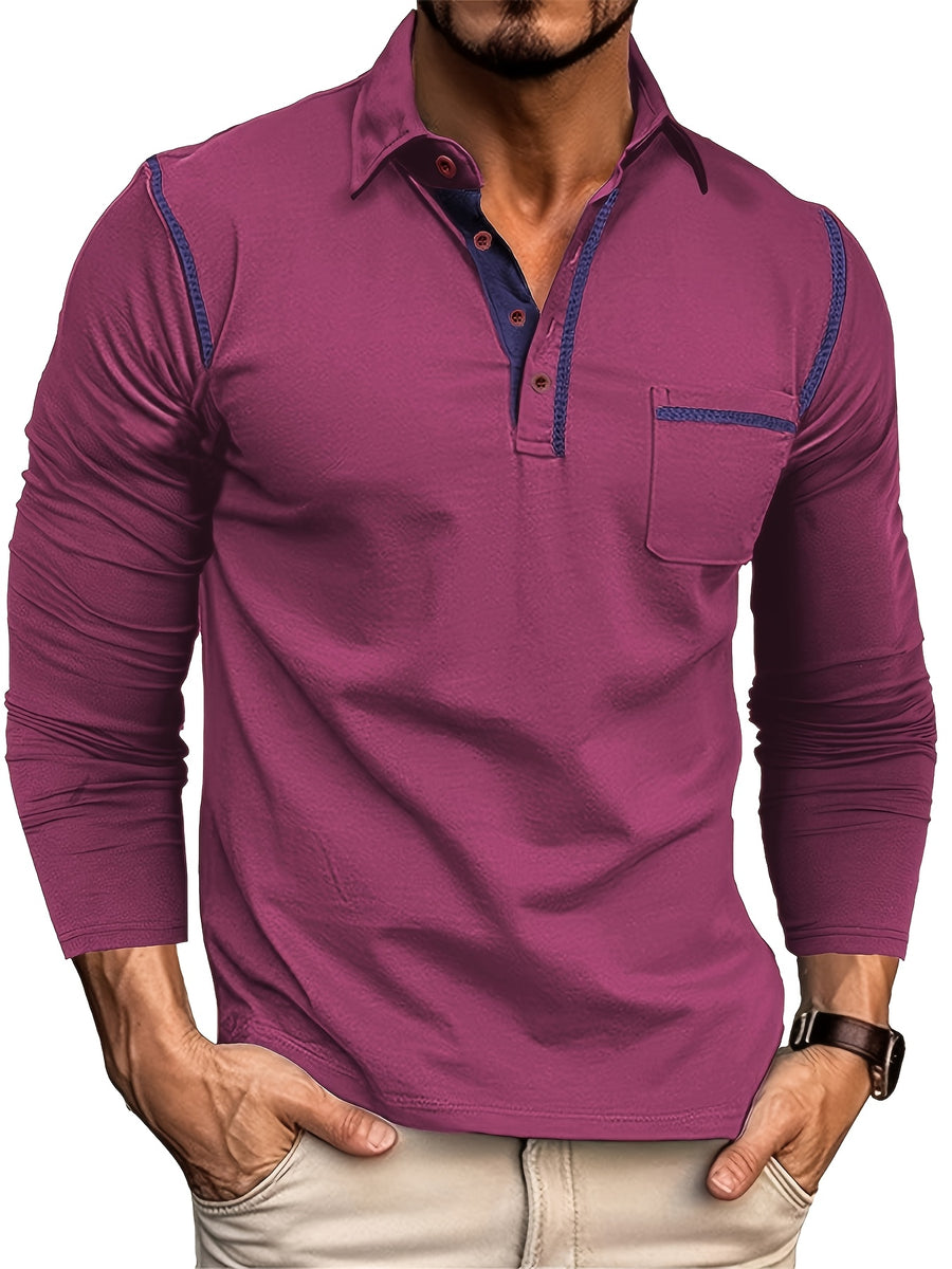 KJ-P029 Men's Long Sleeve Henley Shirt with Contrast Color Placket and Pocket Design, Stretchy, Comfortable, and Casual Polo for Daily Commuting Wear - Pink