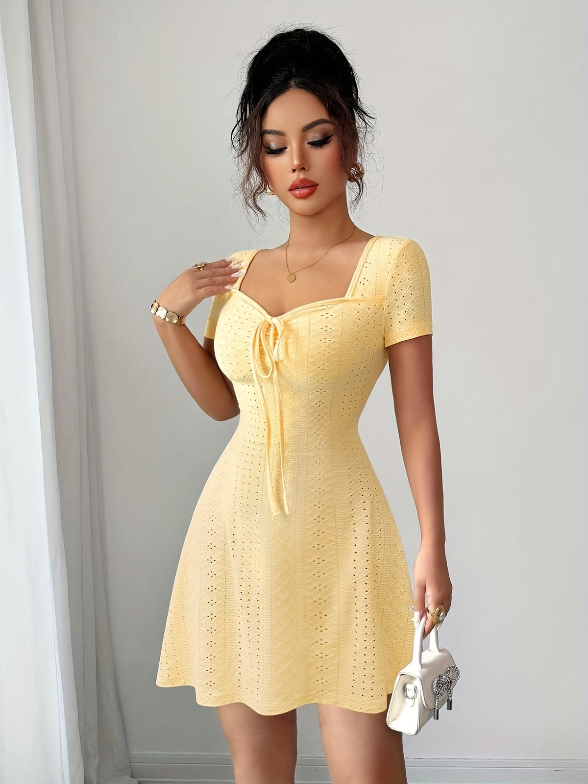 Women'S Summer Jacquard Sexy Slim Fit Mini Dress - Yellow