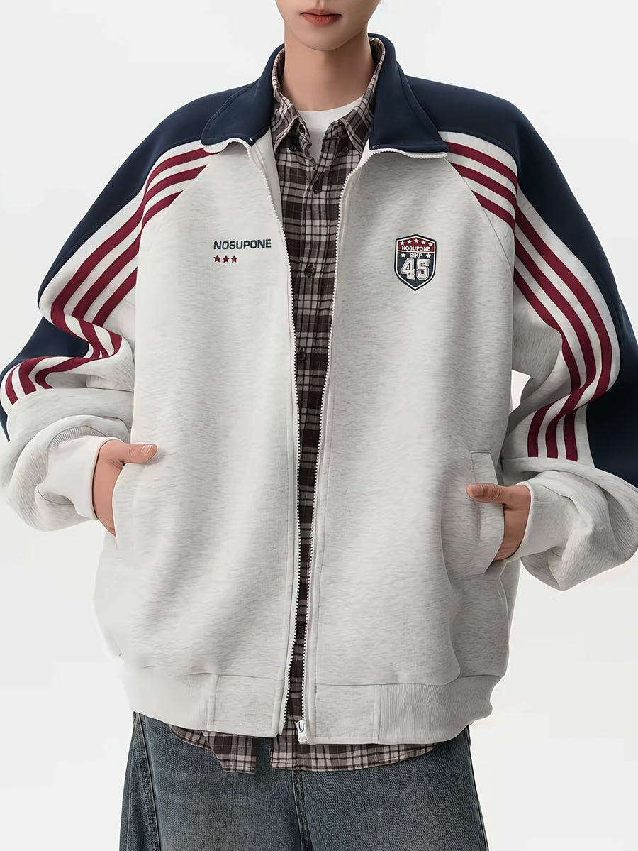 Men's Preppy Style Jacket, American Striped Color-Block Stand Collar Cardigan Sweatshirt, Men's Streetwear Brand, Loose Fit Casual Spring/Autumn Couple's Sport Jacket - Grey