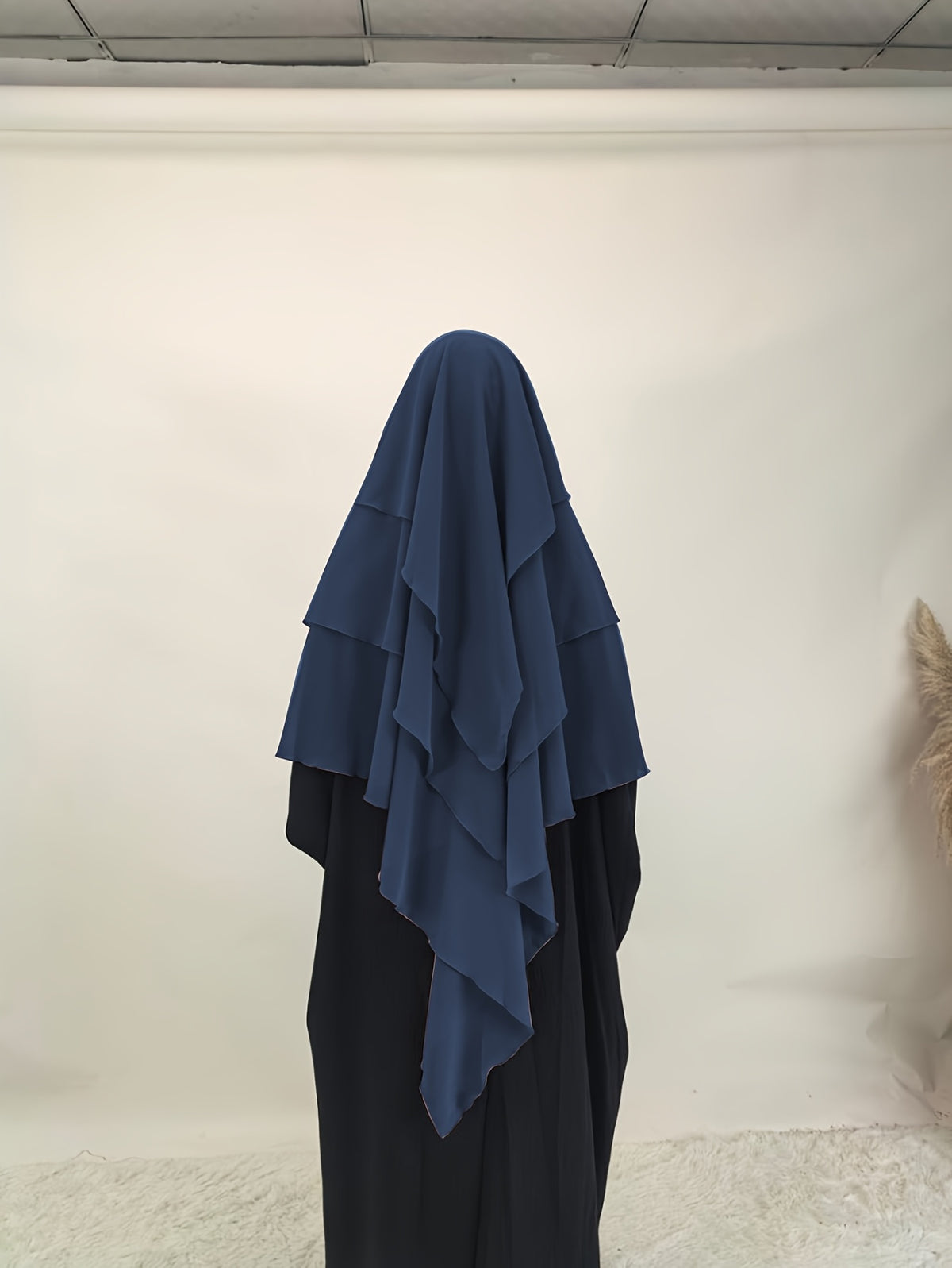 1pc Fashionable, Elegant and Casual Three-layer Chiffon Fabric Solid Color Suitable for Daily Wear, Loose and Comfortable Women's Abaya Headscarf, Women Wedding Robe Aid Femme Abayas for Women Muslim Jilbab Femme Khimar - Navy Color