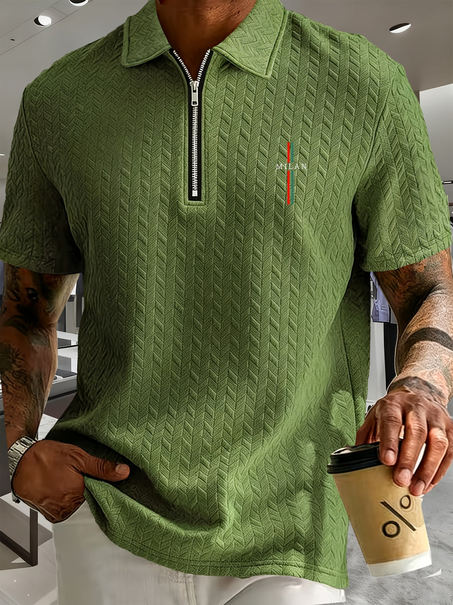 Men'S Summer Fashion Breathable Polo Shirt Short Sleeve, Easy Style, 3D Jacquard Texture Fabric, Vertical Texture Very Good, Zipper Collar Design, Easy Style Small Print Pattern And Zipper Details - fern green