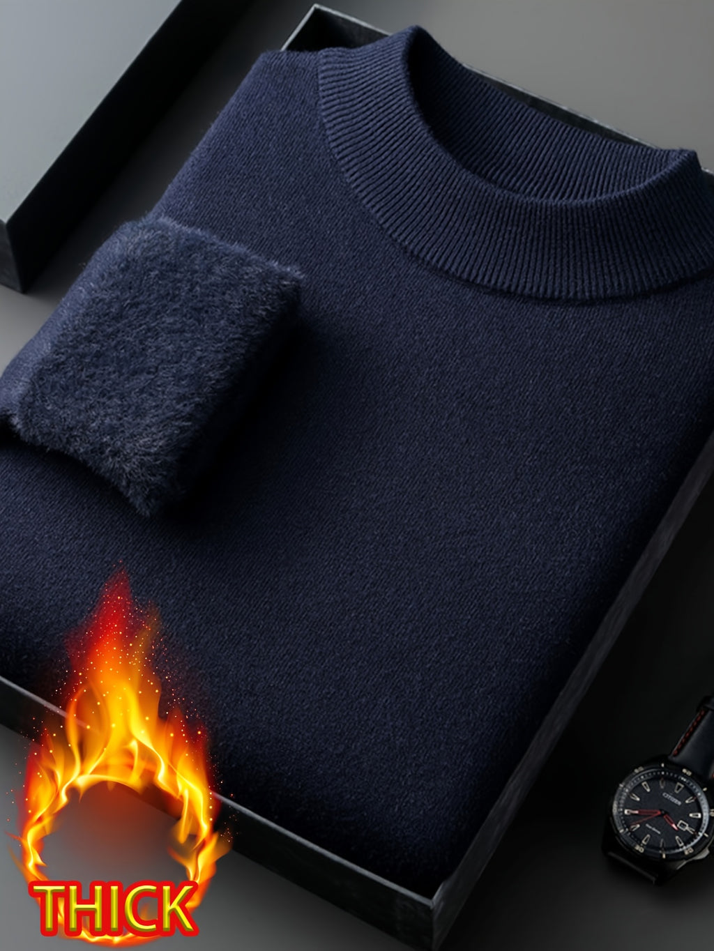 Men's Half-Turtleneck -Lined Thickened Warm Sweater, Featuring a Classic Half-turtleneck Design That Fits Snugly Around the Neck for Wind Protection and Warmth. Solid Color, Simple and Versatile, Suitable for Both Commuting and Daily Wear - Dark Blue