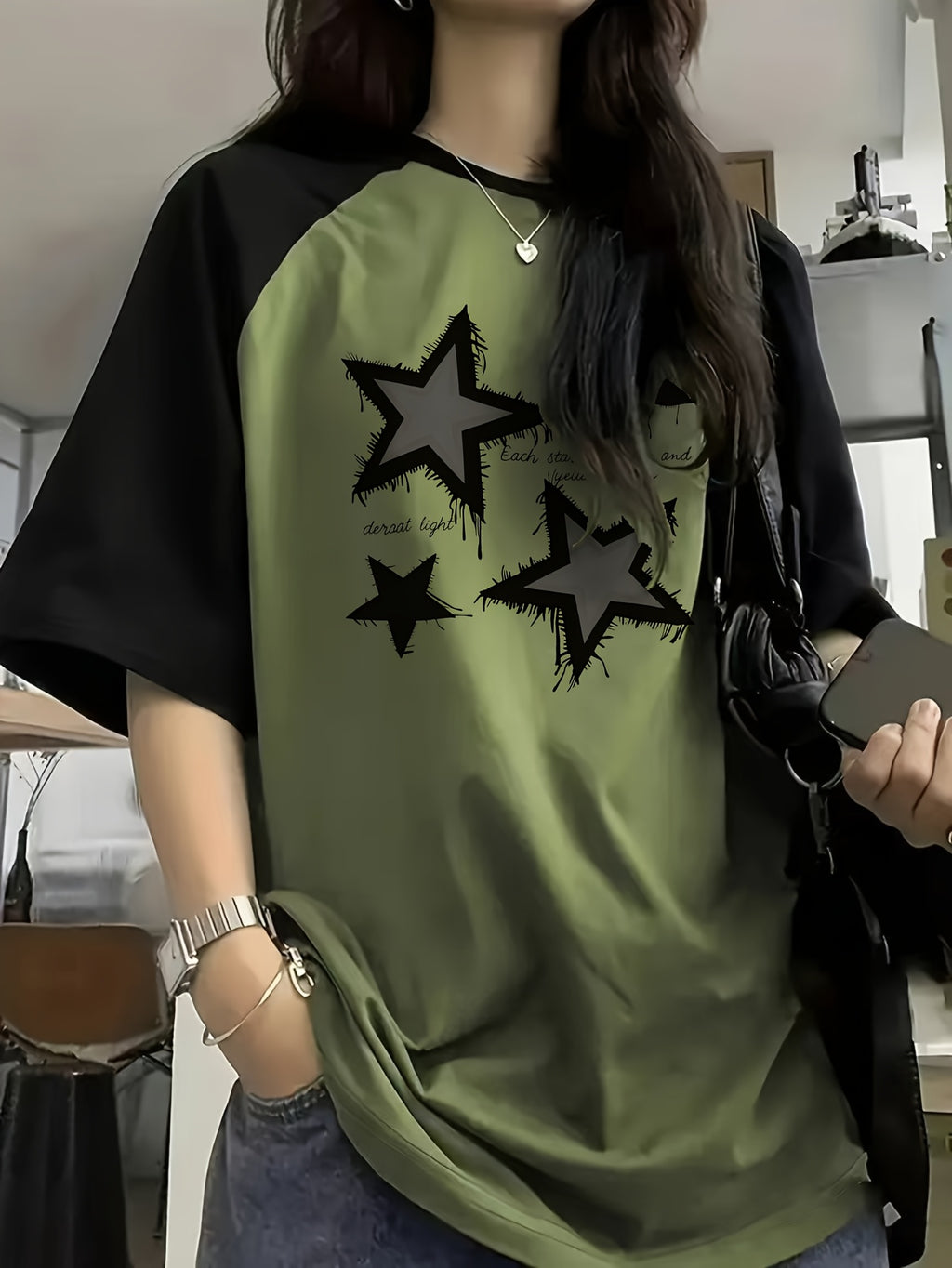 Generic Y2K Aesthetic Star Graphic Tee Women'S Retro Raglan Sleeve T-Shirt Grunge Streetwear Loose Fit Crewneck Short Sleeve Top - Olive