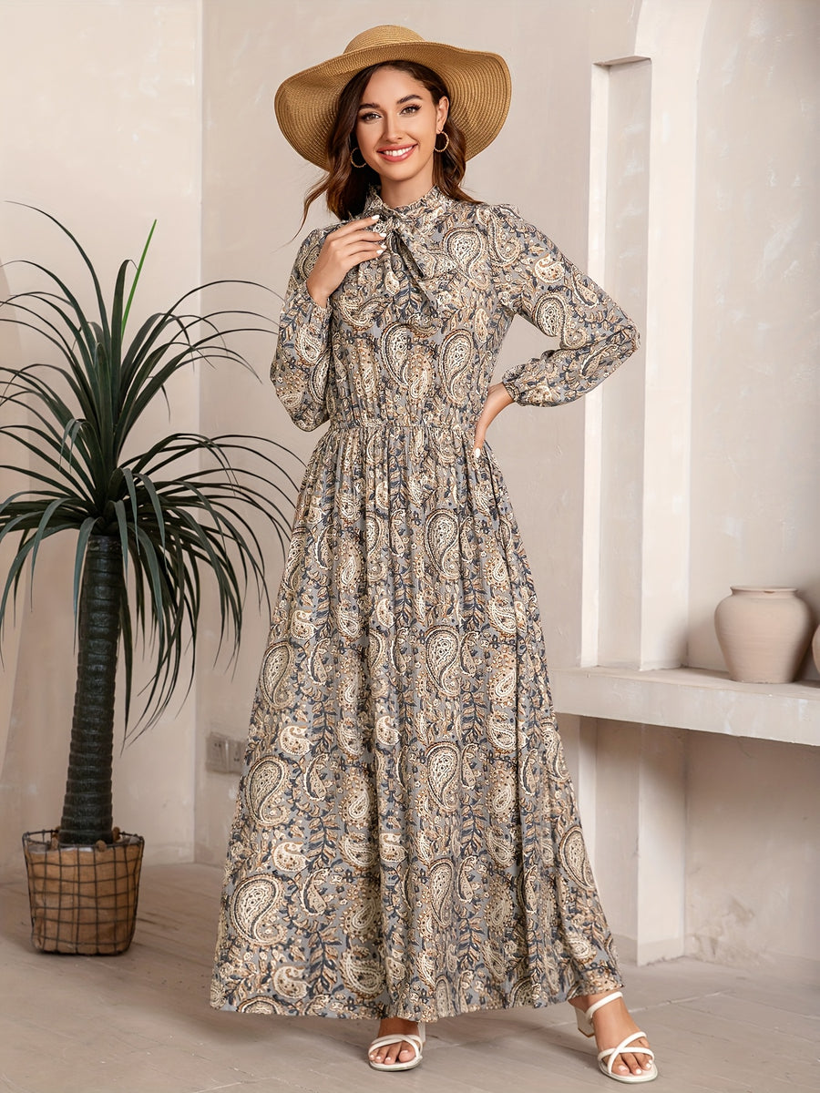 Middle Eastern Spring/Summer Drawstring Waist Long Sleeve Bow Dress Women'S Elegant Casual Artistic Vintage Vacation Bohemian Style Retro Robe - Light Cyan