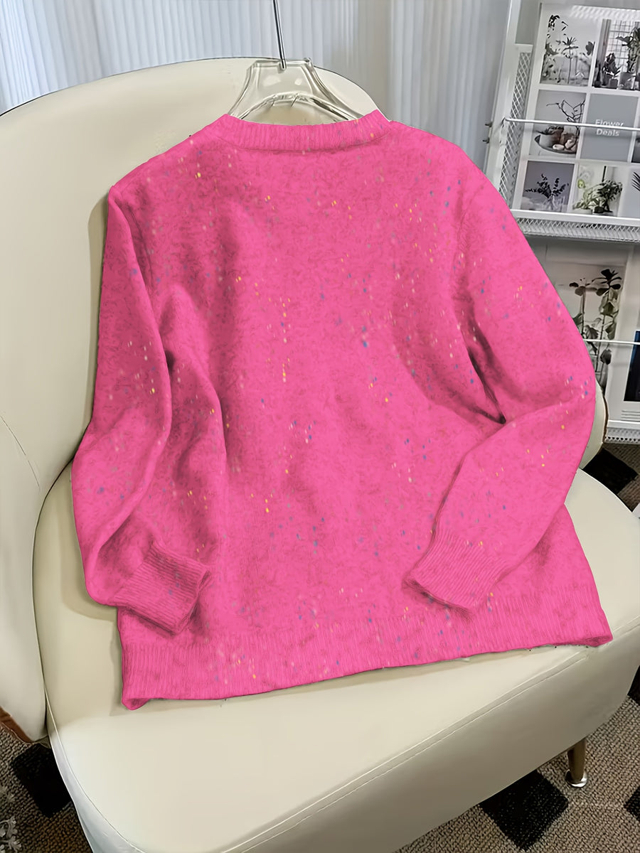 Women's Casual Colorful Button-front Cardigan with Soft Long Sleeves, Round Neck, Light-weight Fashion Candy-colored Dot Pattern, Casual and Elegant Garment | Stretch Fabric Cardigan Suitable for Casual Attire - Rose Red