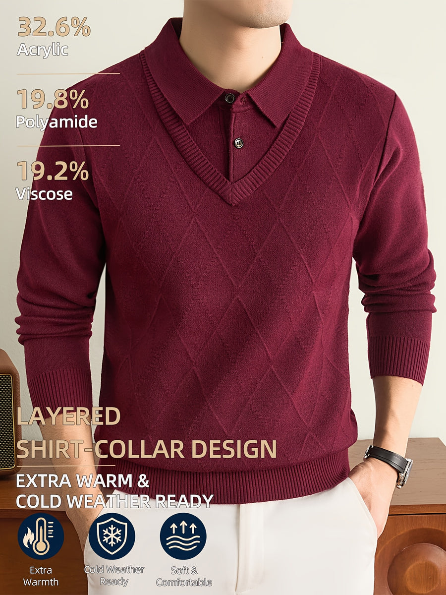 Men's Grey Polo Sweater, Faux 2pcs Shirt-Collar Design, V-Neck & Subtle Diamond Knit Pattern, Classic Refined Style, Warm Autumn Winter Pullover for Casual Wear, Golf & Outdoor Activities - Burgundy