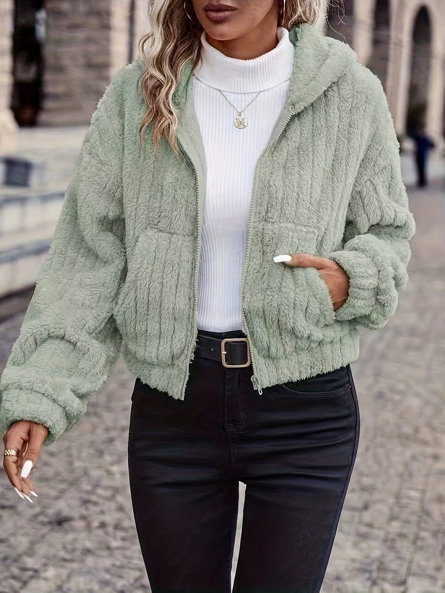 Solid Color Double-Sided Plush Zipper Hooded Cardigan, Women's Casual Plush Coat for Autumn and Winter - Matcha Color