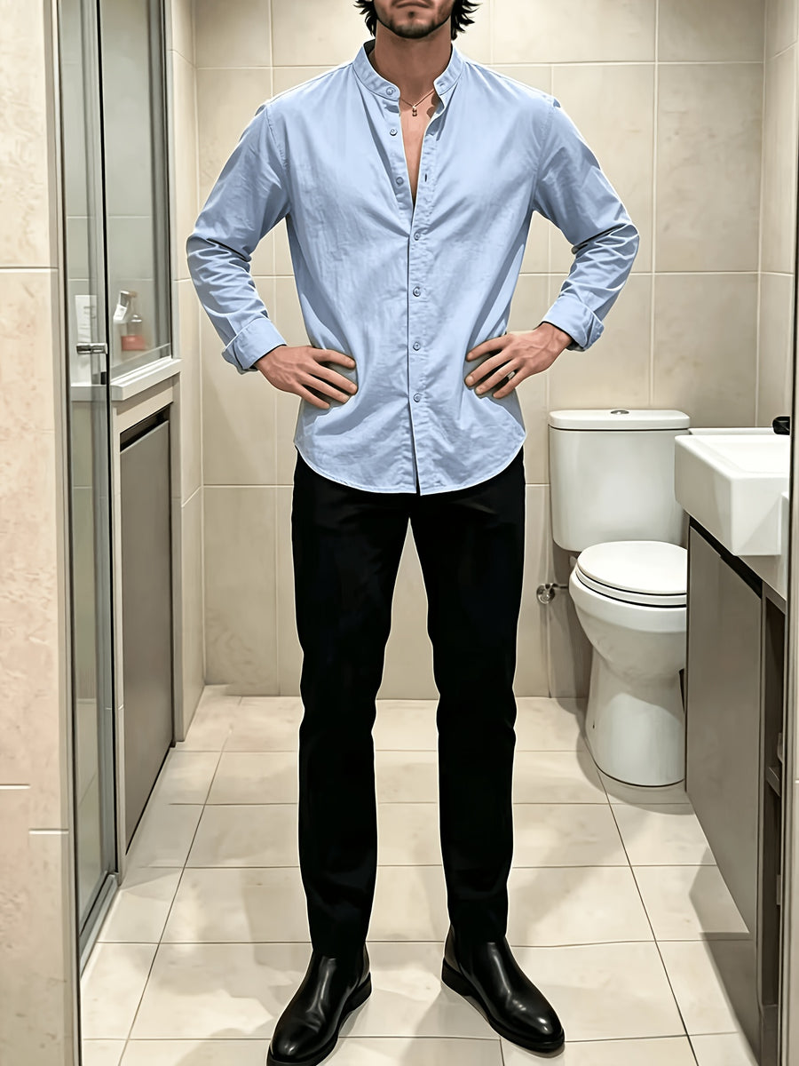 New Men'S Street Style Stand Collar Long Sleeve Shirts, Loose Fit Casual Blouse, Breathable Versatile Outer Tops for Men Fall Daily Street Going Out Wear - Sky Blue