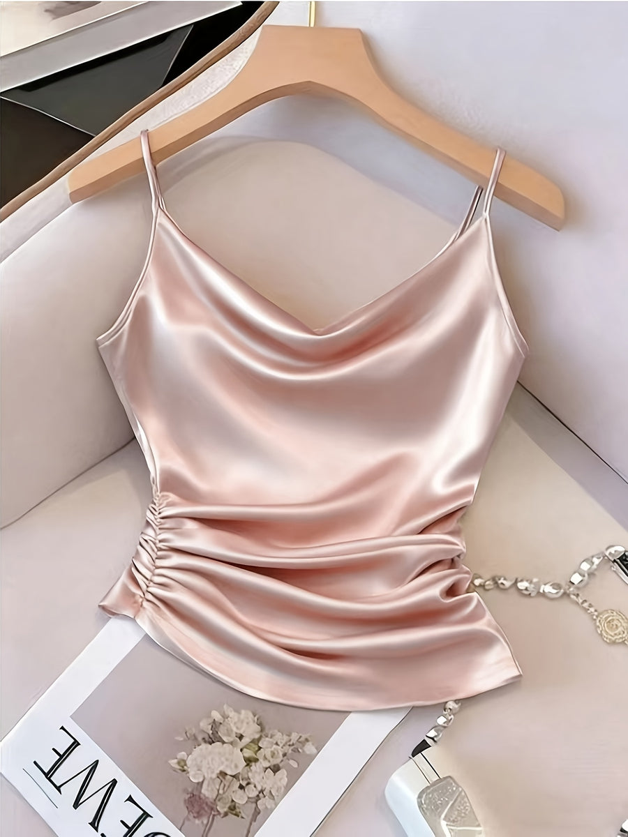 [Development WY260120078] Women's Satin Irregular Hem Side Gathers Daily Fashion Commuting Vacation Camisole Top - Light Pink Color