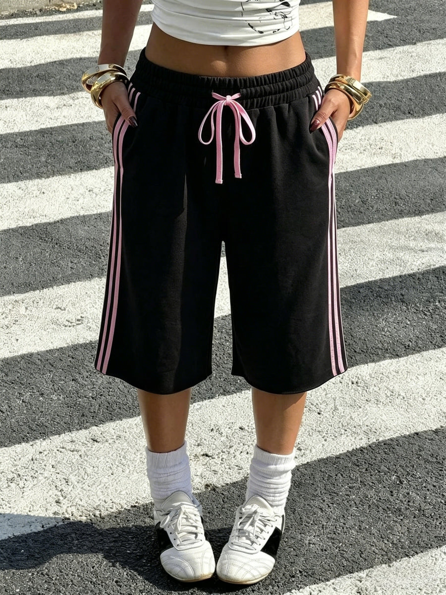 Women'S Y2K Sweet Cool Contrast Striped Wide Leg Shorts, Elastic Waist All-Match Straight Bermuda Casual Short Shorts - Black