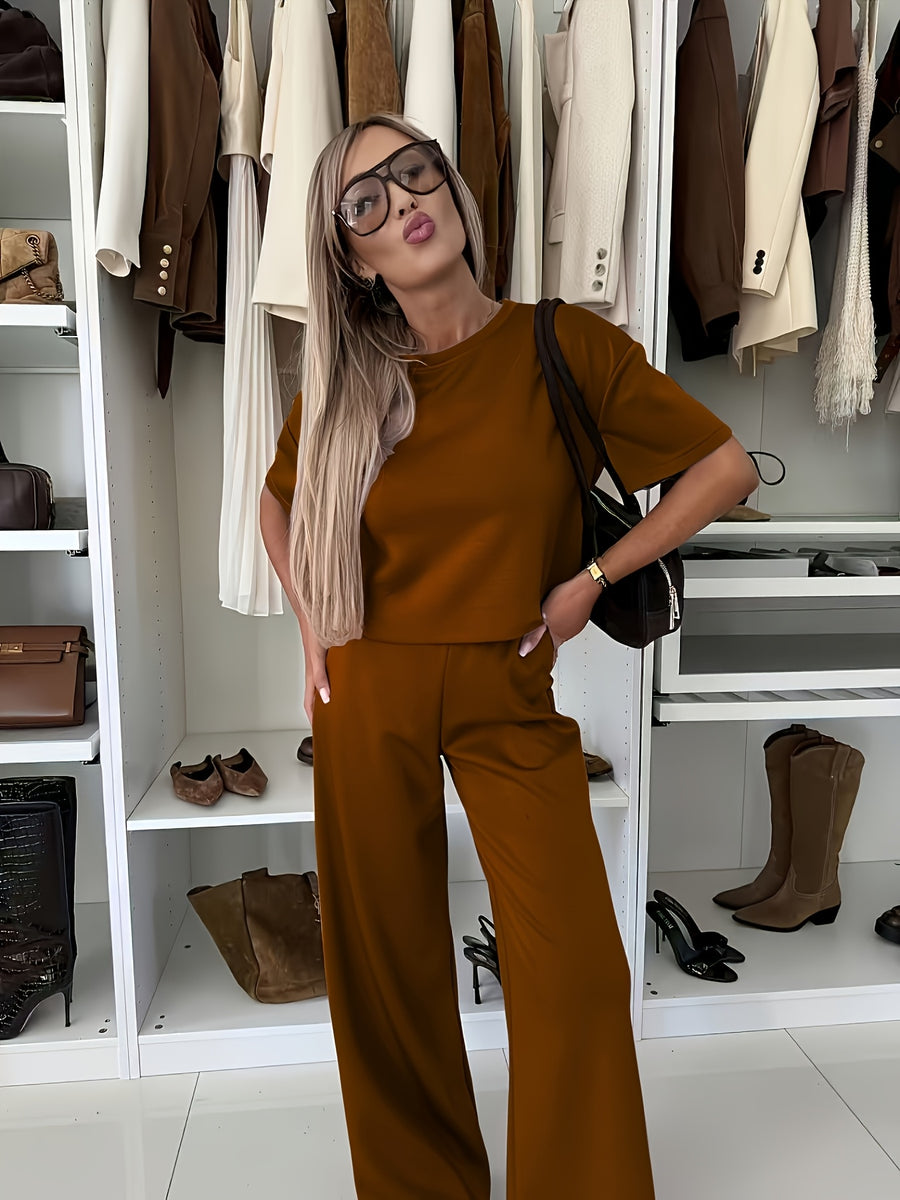 Women'S Suit Set, Air Mesh Fabric Relaxed Short Sleeve Wide-Leg Pants Set, Casual Wear - Coffee Brown