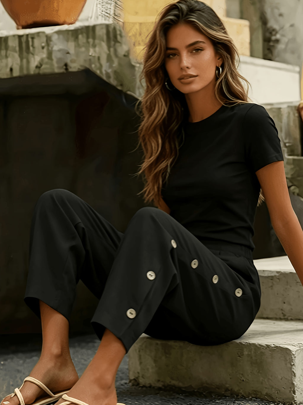 Solid Color Multi-Button Fashion Casual Ankle Pants - Casual Pants 0427 - Black