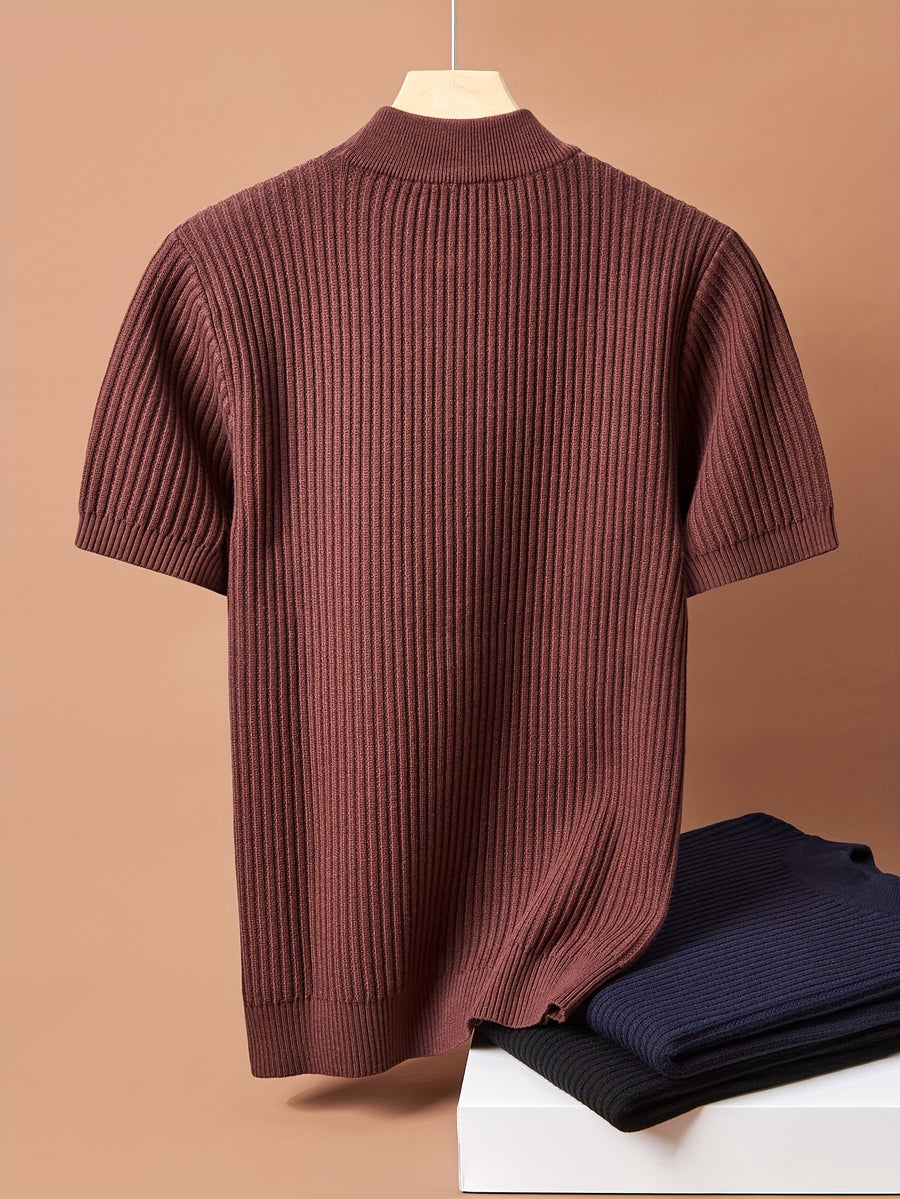 Tehan Men's Semi-High Neck Short Sleeve Knit Sweater, Thick Warm Half-Sleeve Knit Sweater for Spring, Autumn, and Winter, Can Be Worn Alone or as a Base Layer, Soft High-Quality Fabric for Skin-Friendly Wear, Heavy Craftsmanship with 3D Embossed - Coffee Color