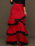 Autumn Versatile Color-Block Elegant Party Gathering Ruffle Hem Women's Skirt - Red