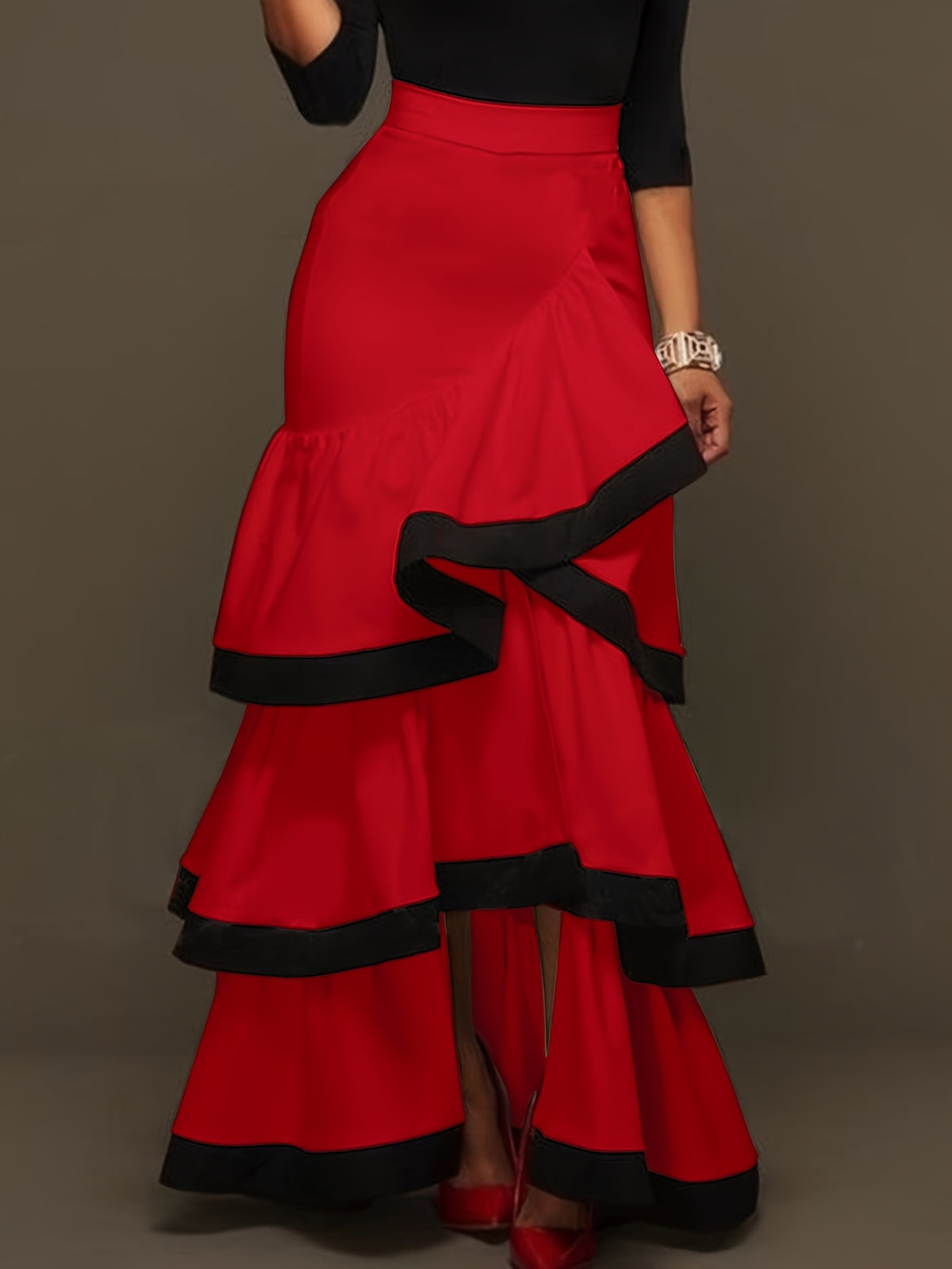 Autumn Versatile Color-Block Elegant Party Gathering Ruffle Hem Women's Skirt - Red