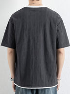 American Faux Two-Piece V-Neck Short Sleeve T-Shirt for Men, Spring Summer All-Match Trendy Couple Wear Loose Casual Short Sleeve Inner Layer, Casual Round Neck with Appropriate Neckline for Inner And Outer Wear - Grey