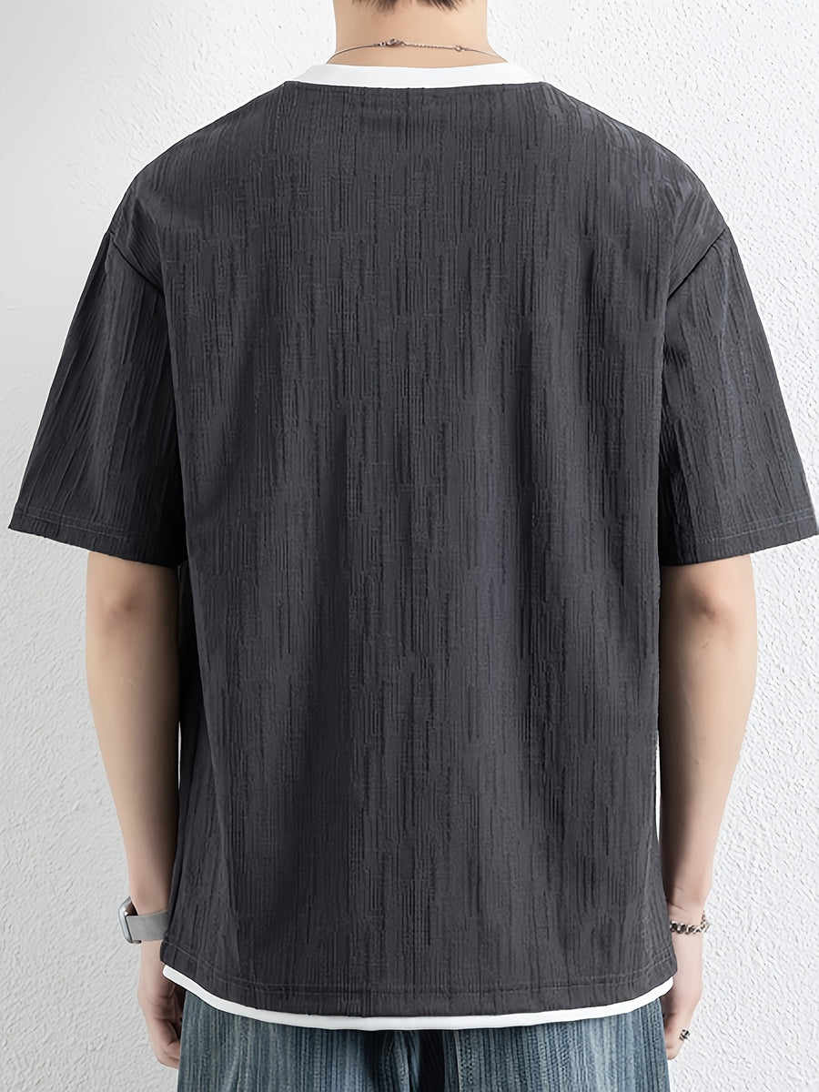 American Faux Two-Piece V-Neck Short Sleeve T-Shirt for Men, Spring Summer All-Match Trendy Couple Wear Loose Casual Short Sleeve Inner Layer, Casual Round Neck with Appropriate Neckline for Inner And Outer Wear - Grey