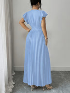 Spring Summer New Elegant Women'S Slim V-Neck Dress with Ruched Craft And Flared Skirt, Ruffled And Flounce Sleeves, Valentine'S Day Party Dress, Commute Fashion Skirt - Sky Blue