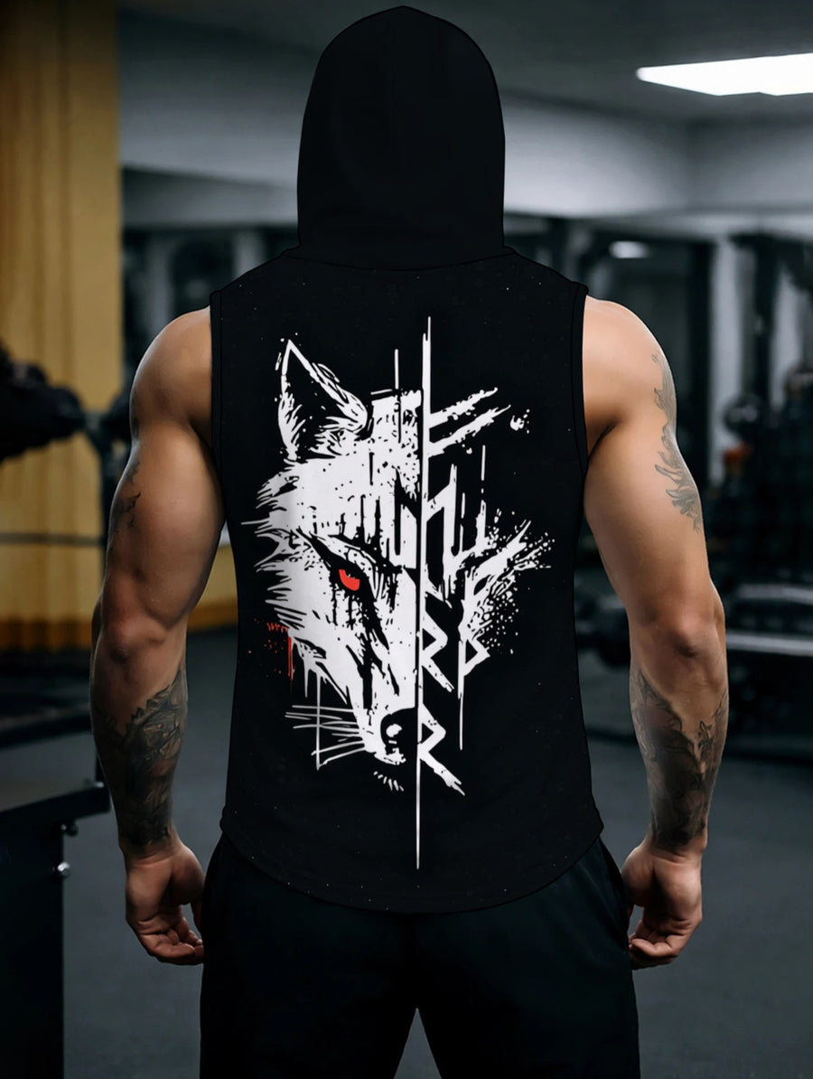 Men's Hooded Sleeveless Top with Stylish Wolf Head Print, Comfortable & Breathable Sports Vest for Daily Fitness, Trendy Casual Wear, Perfect for Gym and Outdoor Activities, Fashionable Design - Mixed colors