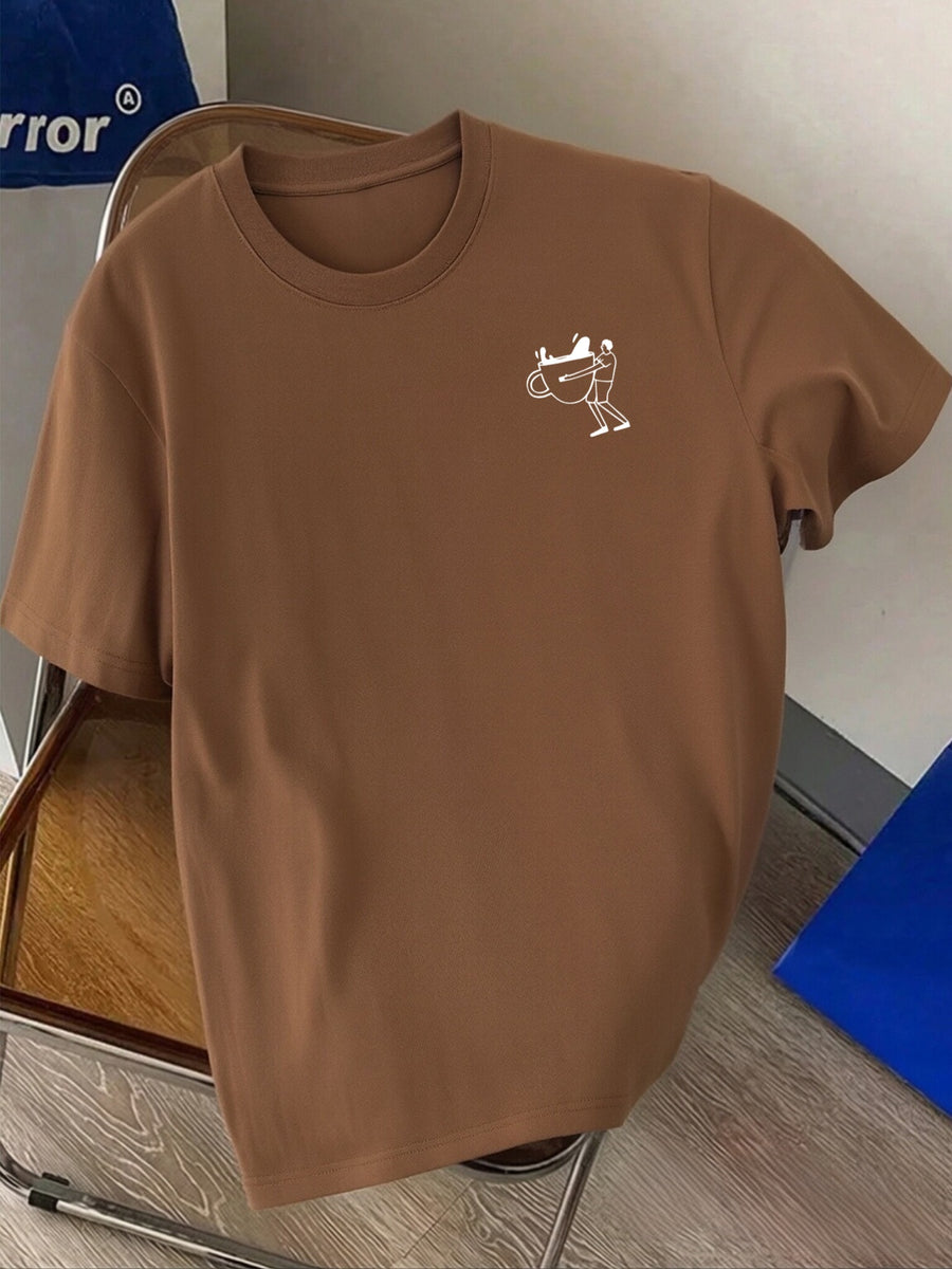 Men'S 100% T-Shirt, Coffee Character Print, Soft Breathable Comfortable Casual, All-Season Daily Commute - Coffee Brown