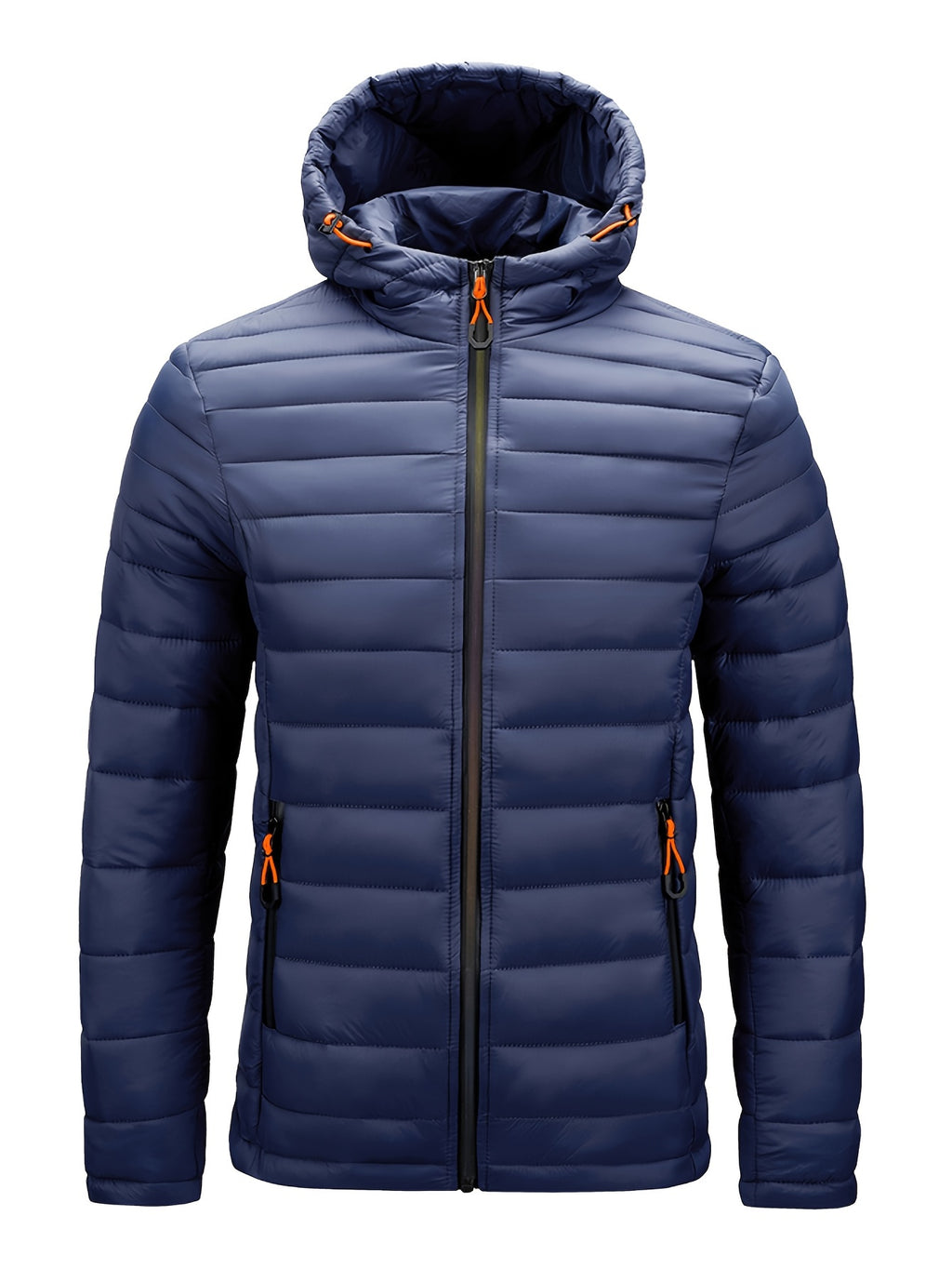 Men's Winter Padded Coat, Hooded Padded Top, Warm Quilted Jacket with Colorful Zipper Pockets - Navy Color