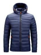 Men's Winter Padded Coat, Hooded Padded Top, Warm Quilted Jacket with Colorful Zipper Pockets - Navy Color