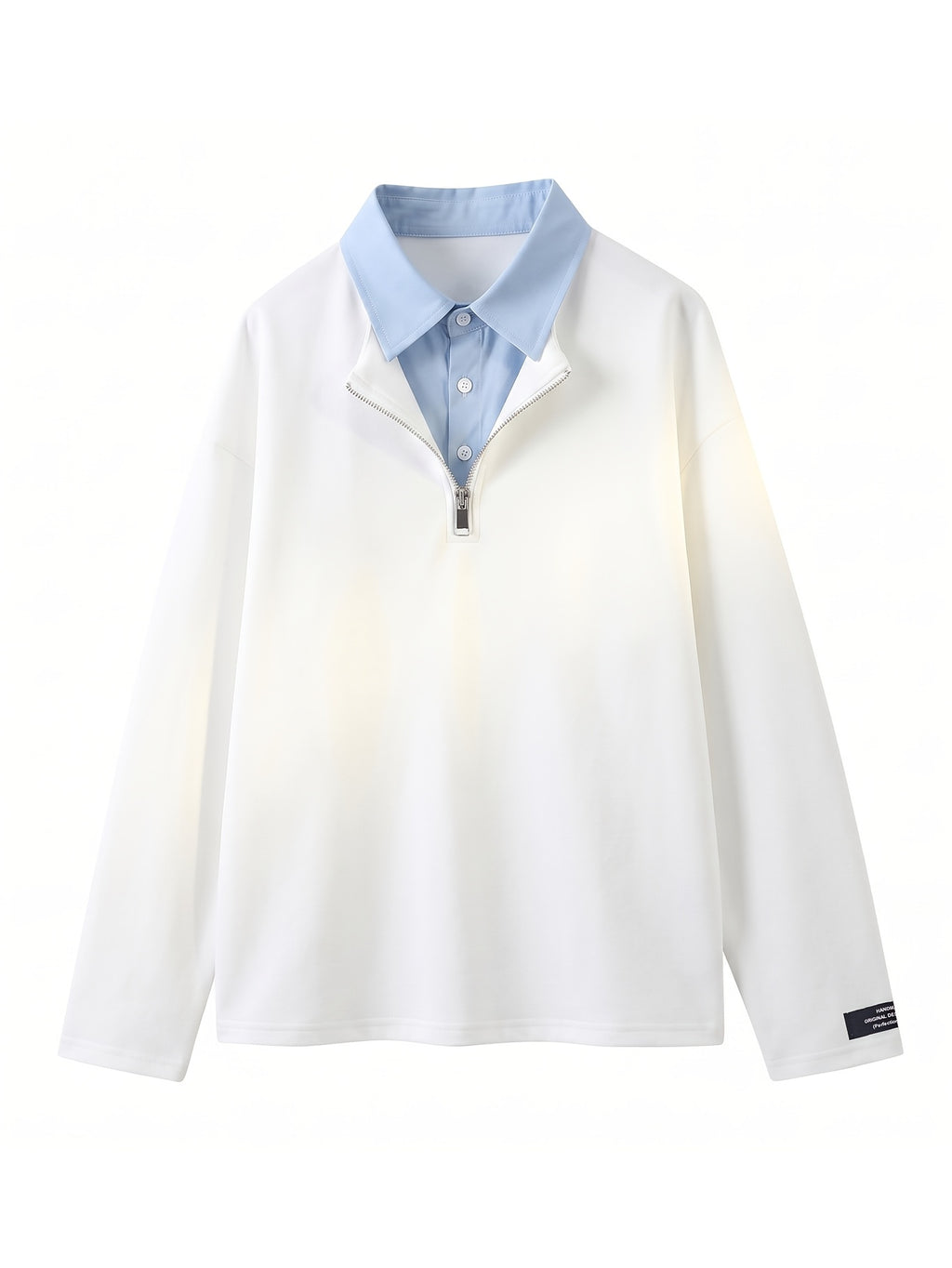 Men's 2-in-1 Look Lapel Long-Sleeve Shirt Sweatshirt with Half-Zip Design, Color-Block Patchwork, Layering Top, Commuting and Casual Pullover Shirt - White