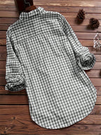 Women'S Autumn Casual Vintage Commute Long Sleeve Checkered Striped Shirt - Grey