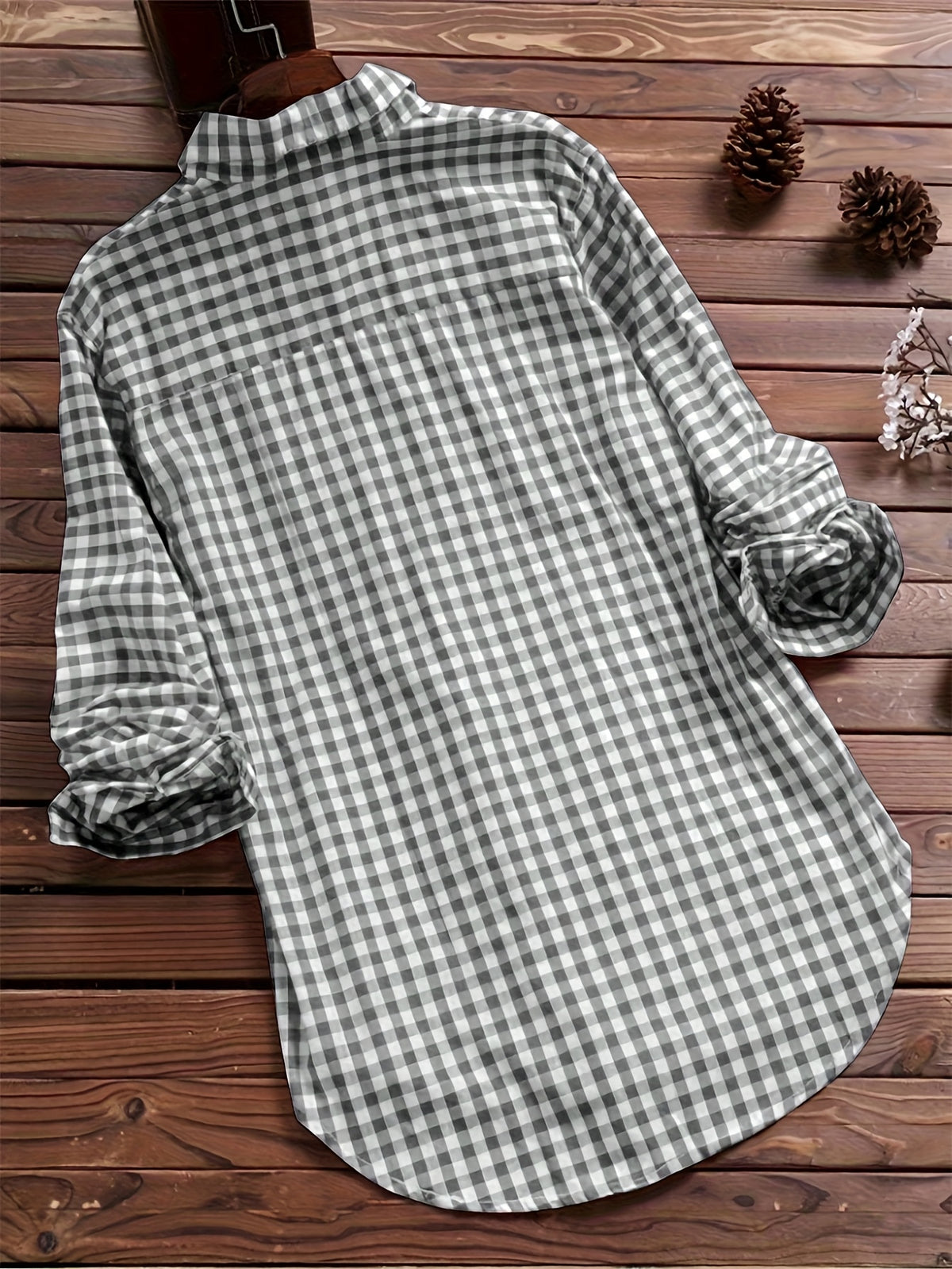 Women'S Autumn Casual Vintage Commute Long Sleeve Checkered Striped Shirt - Grey