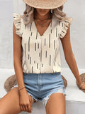 Striped Print Ruffled Sleeve V-Neck Button-Up Top - Apricot