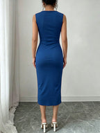 Solid Color Sleeveless Wrap V-Neck Midi Dress, Women'S Ruched Golden Button High Slit Bodycon Dress, Elegant Sheath Dress for Business Office, Party And Daily Formal Occasions - Sea Blue