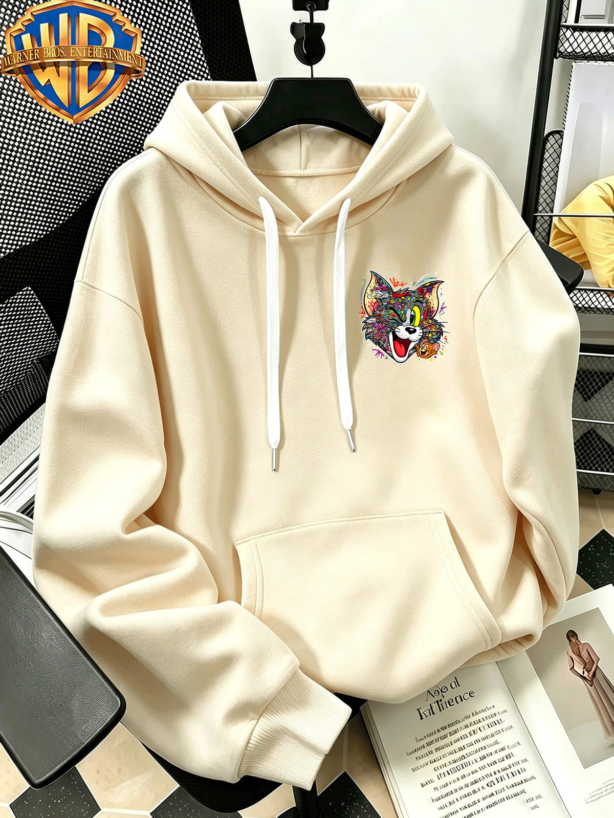 Autumn Winter Trendy Fashion Drawstring Pocket Hooded Men'S Sweatshirt, Multi-Color Graffiti Fun Cool Classic Mouse Cat Head Cartoon Print Design, Sporty Fashion Loose Hoodie, Casual Daily Wear, Trendy For, Suitable for Home And Outings, Unisex - Apricot
