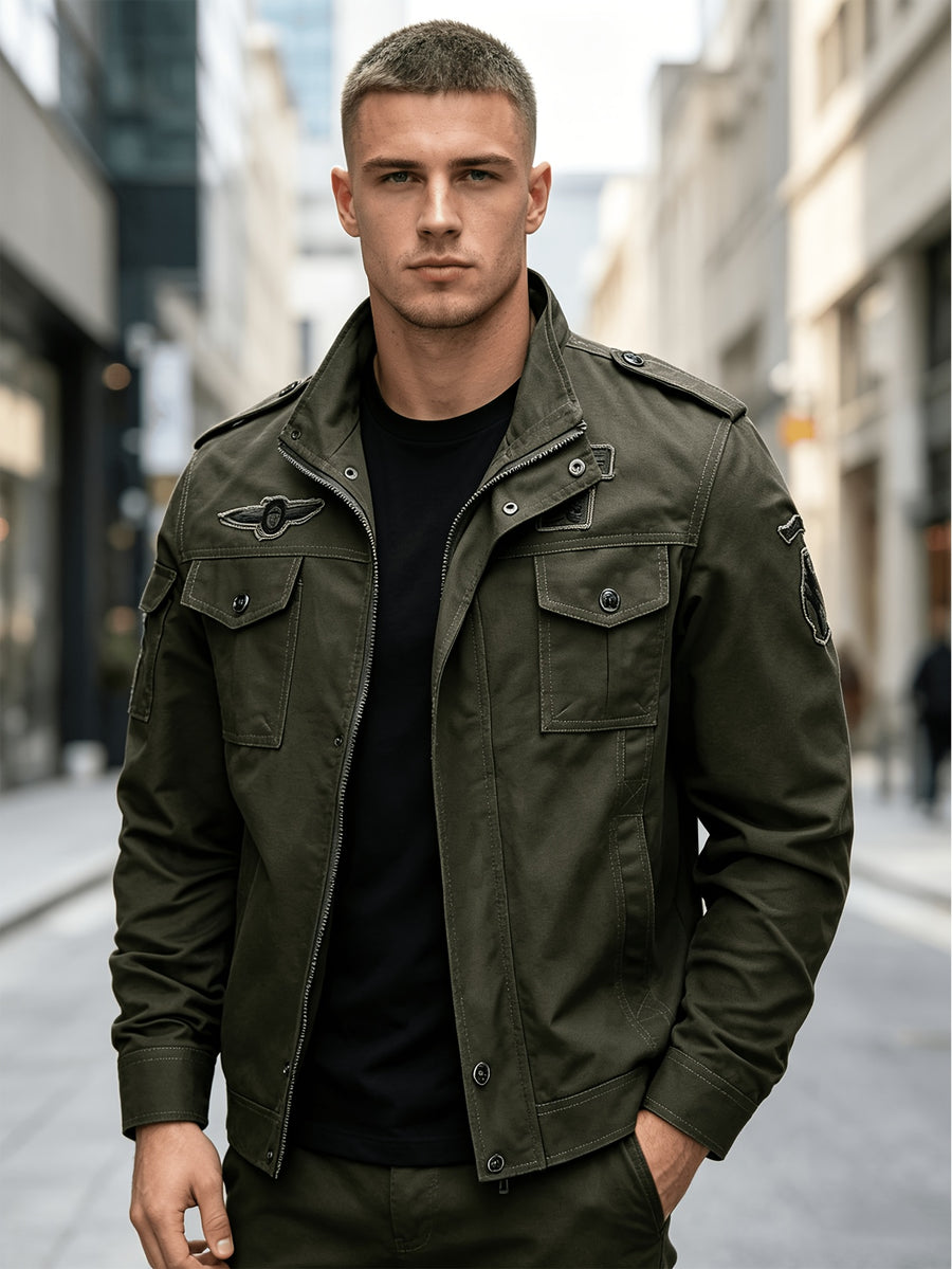 Men'S Vintage Cargo Bomber Jacket, Multi-Pocket Embroidered Stand Collar Autumn Winter Casual Coat - fern green