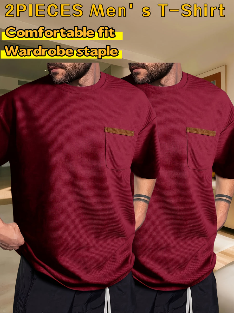 Men's Waffle-Knit Short Sleeve T-Shirt - Breathable Base Layer & Casual Round Neck Pocket Tee, Solid Color Suitable for Gym, Casual Attire, Machine Washable, Spring/Summer Layering Shirt, High-Fit Rate for Lifestyles - Wine Red + Wine Red