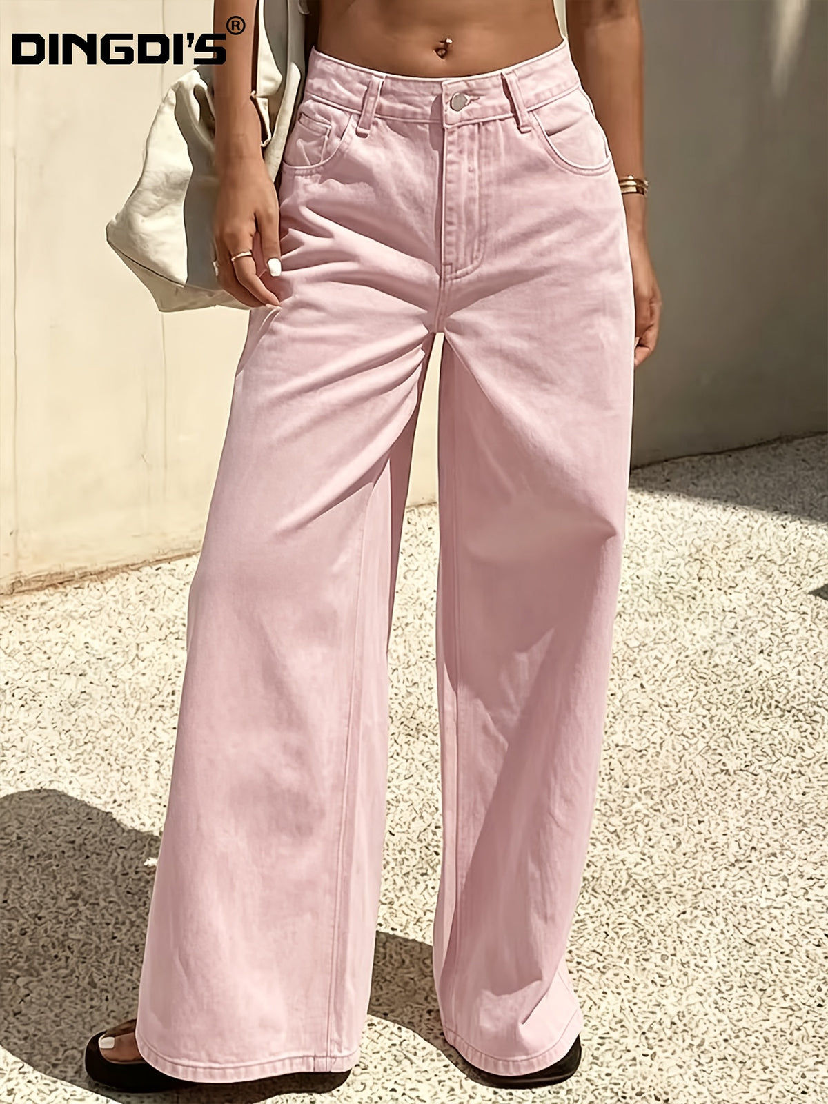 Women'S 2025 Fashion New Stretch Loose Wide-Leg Pink Jeans, Washed Solid Color Denim Trousers with Black Pockets, Versatile Basic Ladies' Clothing, Comfortable Business Casual Pants, Relaxed Trousers Suitable for Work, Travel, And Office Wear - Pink