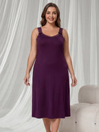 Plus Size Women'S Vest Nightgown | Black Sexy Lace Patchwork Round-Neck Elegant Summer Mid-Length Nightgown Homewear With Medium Stretch Fabric And Contrast Lace Details - Purple