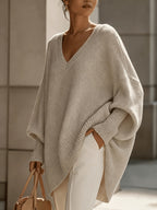 Plus Size - French Casual Style Plus Size V-Neck Sweater Women'S Loose Batwing Sleeve Solid Soft Pullover Sweater Autumn Winter Premium Top - Khaki