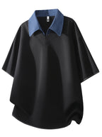 Men'S Summer Lapel Built-In Faux Two-Piece V-Neck, Cuffed Sleeves, Unisex Off-Shoulder Loose Curved Hem Drapey Short Sleeve T-Shirt - Black