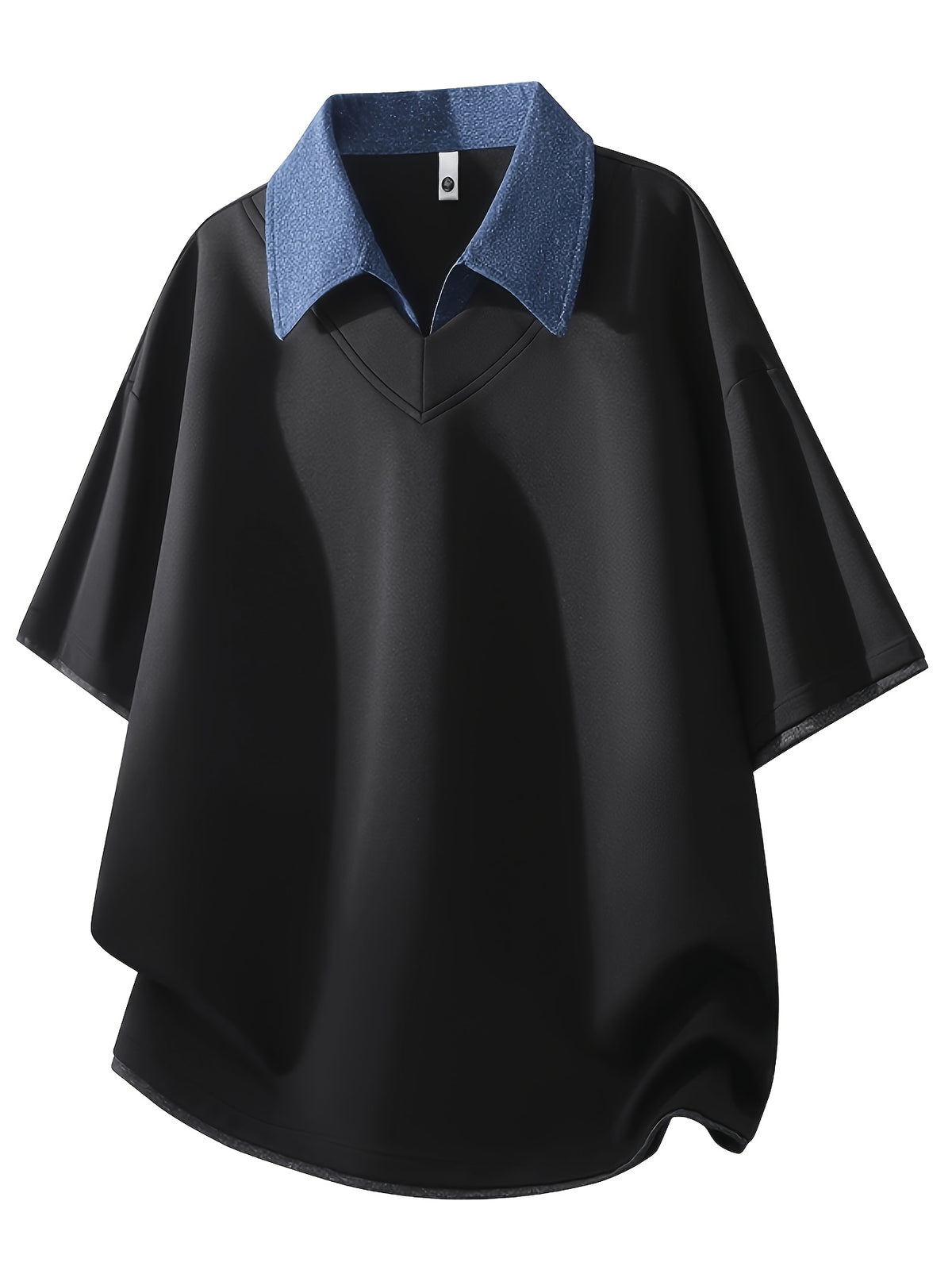 Men'S Summer Lapel Built-In Faux Two-Piece V-Neck, Cuffed Sleeves, Unisex Off-Shoulder Loose Curved Hem Drapey Short Sleeve T-Shirt - Black