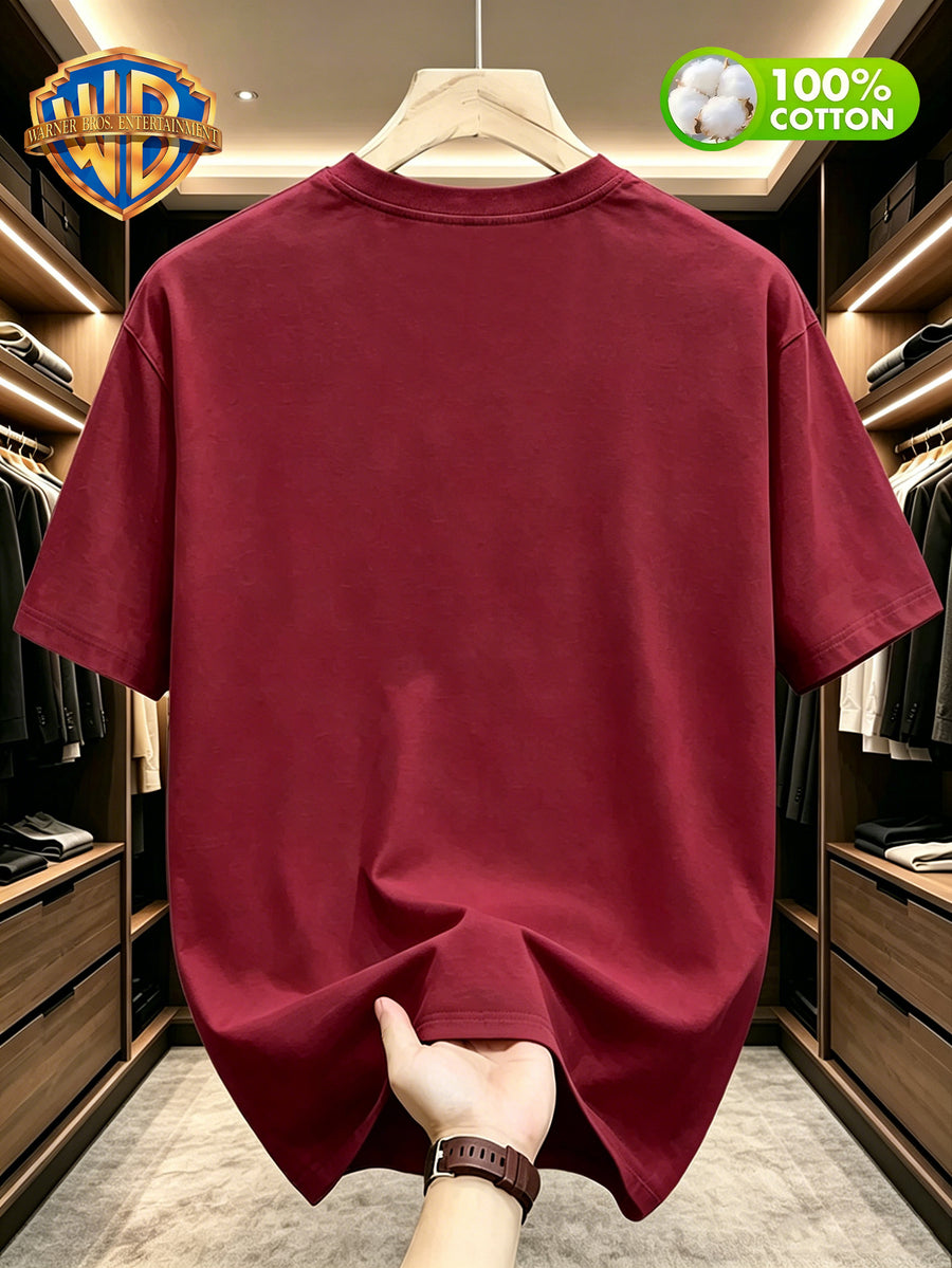 Warner Bros Official Summer New Arrival 100% T-Shirt, Casual and Stylish Men's Short Sleeve Tee with Scrawled Line Art Cartoon Print, Soft and Comfortable Men's T-Shirt, Machine Washable Men's Top, Suitable for Home Leisure, Campus, Daily Commuting - Burgundy
