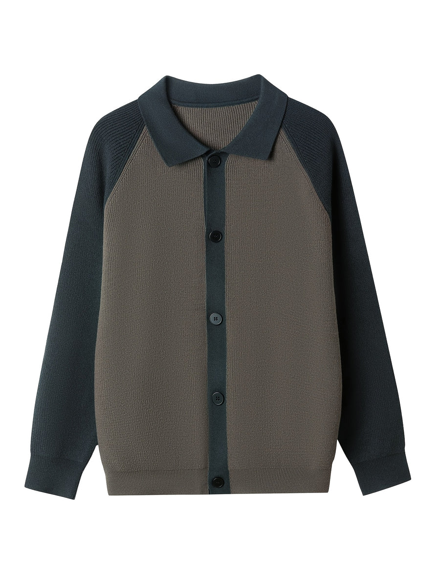 New Spring And Autumn Men'S Knitted Cardigan with a Large Lapel And Buttons, Featuring Trendy Color-Blocking Design, Comfortable And Warm Men'S Sweater Jacket A523 - Dark Green