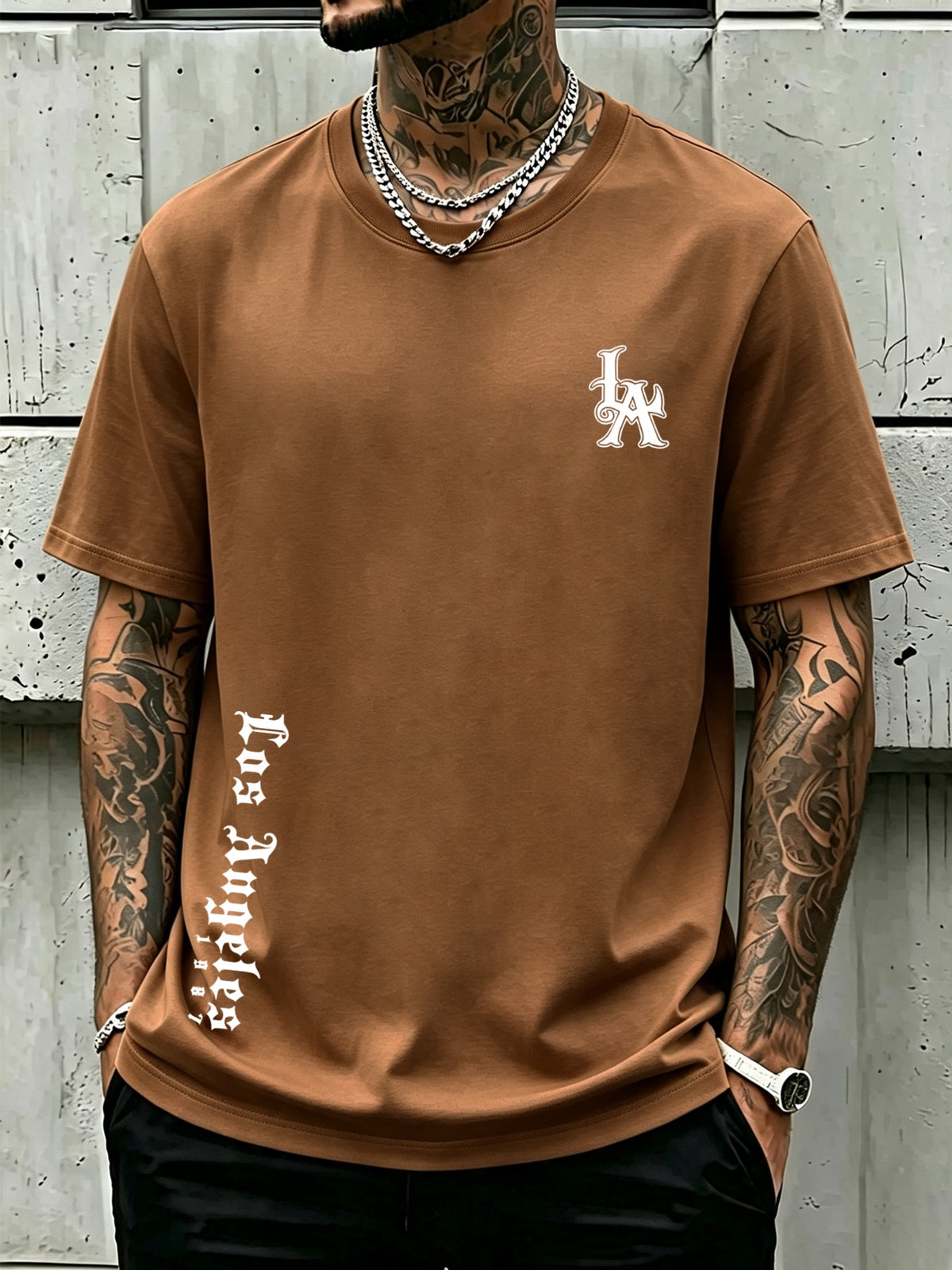 Men's 100% Cotton Short Sleeve Crew Neck T-Shirt, American Los Angeles Vintage Street Style Print, Casual, Fashionable, Comfortable, Soft, Summer Short Sleeve - Coffee Color