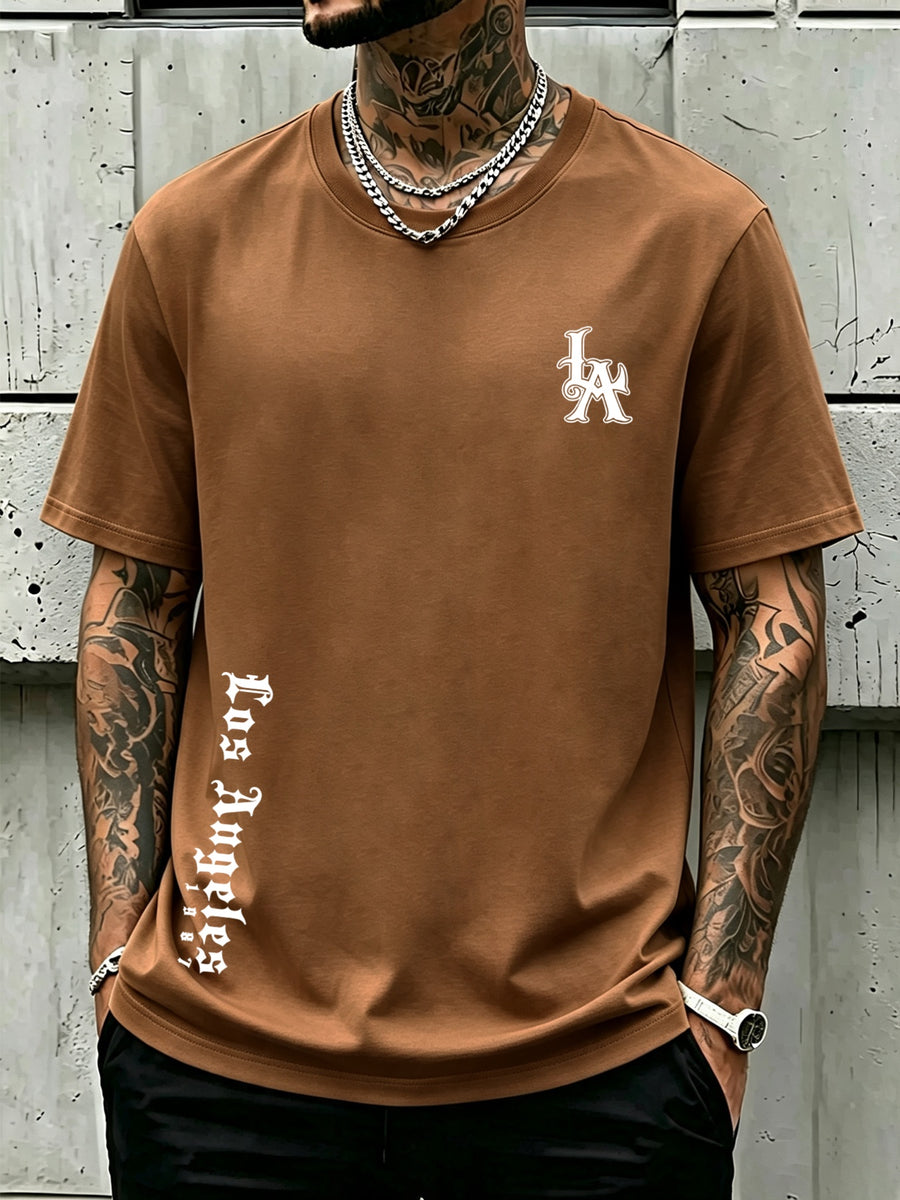 Men's 100% Cotton Short Sleeve Crew Neck T-Shirt, American Los Angeles Vintage Street Style Print, Casual, Fashionable, Comfortable, Soft, Summer Short Sleeve - Coffee Color