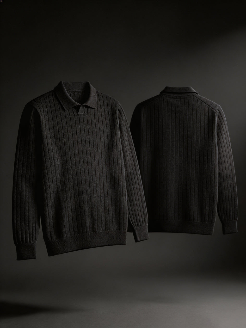 Single-piece Men's Black Heavyweight Knit Polo Sweater with Lapel, Small V-Neck Opening, Vertical Ribbed Texture, Solid Color, Ribbed Cuffs, Simple Business Style, Loose Drop-Shoulder Fit for Autumn/Winter, Suitable for Commuting, Work, and Daily - Black