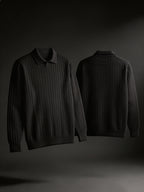 Single-piece Men's Black Heavyweight Knit Polo Sweater with Lapel, Small V-Neck Opening, Vertical Ribbed Texture, Solid Color, Ribbed Cuffs, Simple Business Style, Loose Drop-Shoulder Fit for Autumn/Winter, Suitable for Commuting, Work, and Daily - Black