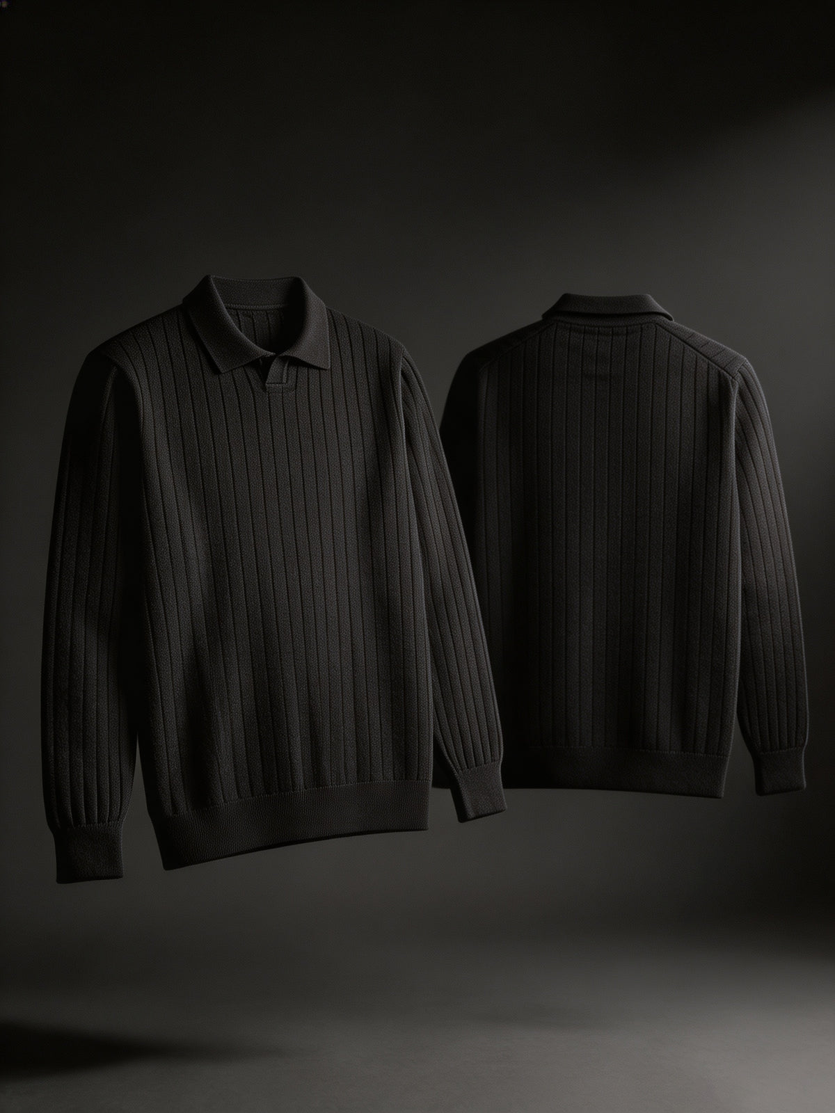 Single-piece Men's Black Heavyweight Knit Polo Sweater with Lapel, Small V-Neck Opening, Vertical Ribbed Texture, Solid Color, Ribbed Cuffs, Simple Business Style, Loose Drop-Shoulder Fit for Autumn/Winter, Suitable for Commuting, Work, and Daily - Black