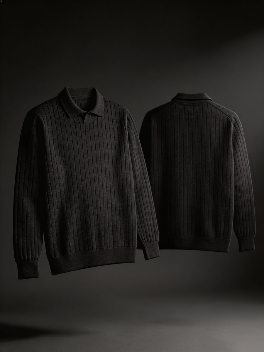 Single-piece Men's Black Heavyweight Knit Polo Sweater with Lapel, Small V-Neck Opening, Vertical Ribbed Texture, Solid Color, Ribbed Cuffs, Simple Business Style, Loose Drop-Shoulder Fit for Autumn/Winter, Suitable for Commuting, Work, and Daily - Black