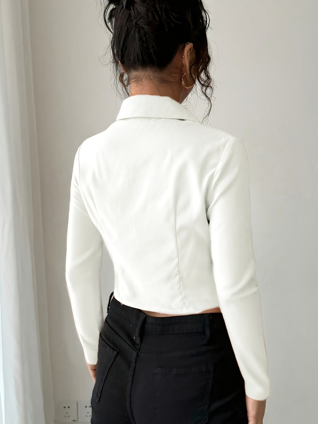 Women's Slim-Fit Lapel Zip Casual Solid Long Sleeve Shirt - White