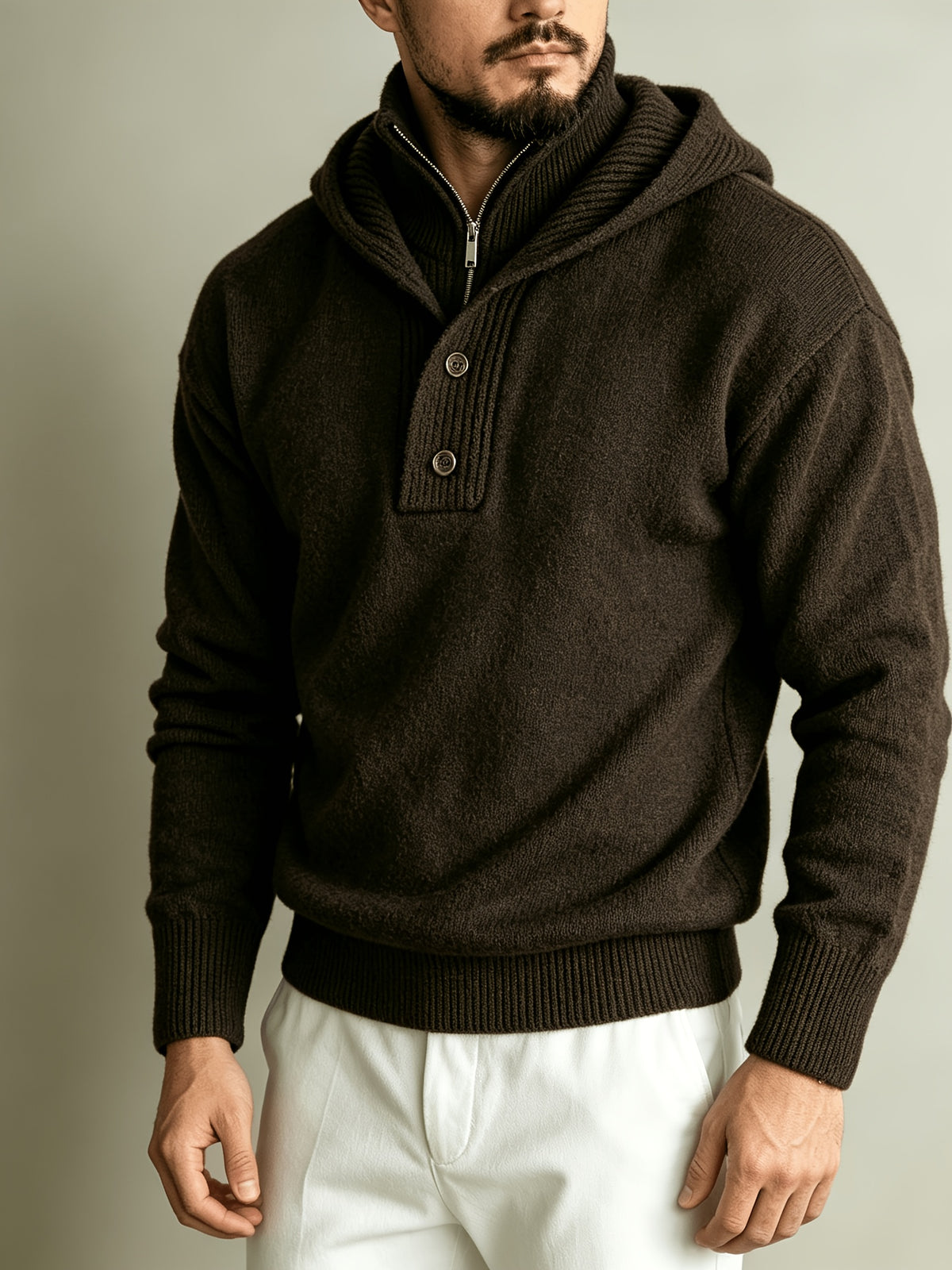 Autumn/Winter Men's 2-in-1 Look Hooded Knit Sweater, Half-Zip High Neck Design with Overlay Button Placket, Fine, Soft, and Skin-Friendly Fabric, Regular Fit for Slimming and Concealing. A Versatile Top for Casual and Daily Commutes, a Warm - Coffee Color